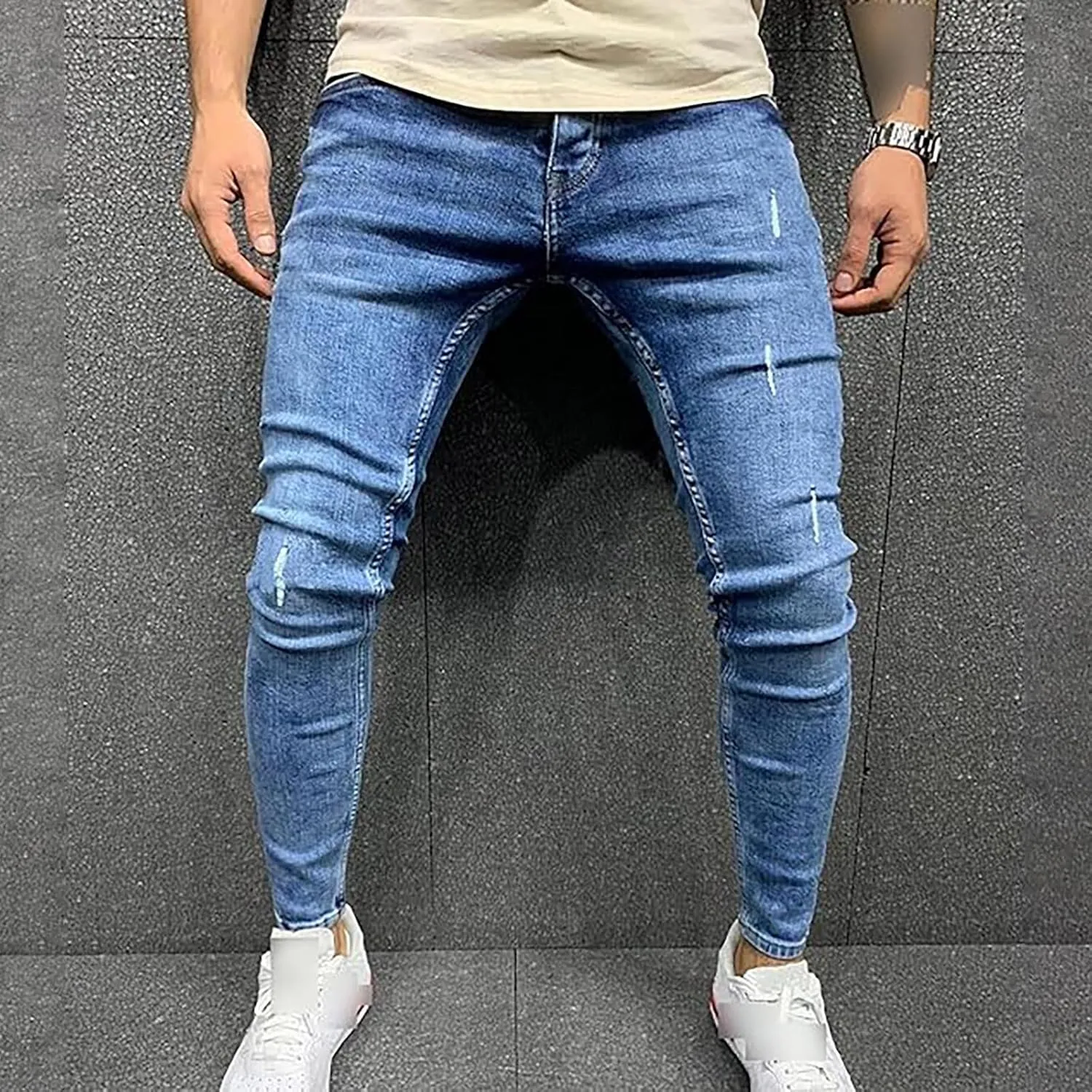 Men's Ripped Jeans Slim Fit Skinny Stretch Jeans Pants Button Zip Off Comfy Denim Pants Slim Fit Tapered Leg Trouser