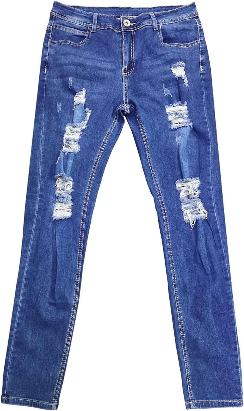 Men's Ripped Jeans Slim Fit Skinny Stretch Jeans Pants Button Zip Off Comfy Denim Pants Slim Fit Tapered Leg Trouser