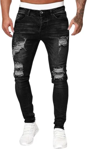 Men's Ripped Jeans Slim Fit Skinny Stretch Jeans Pants Button Zip Off Comfy Denim Pants Slim Fit Tapered Leg Trouser