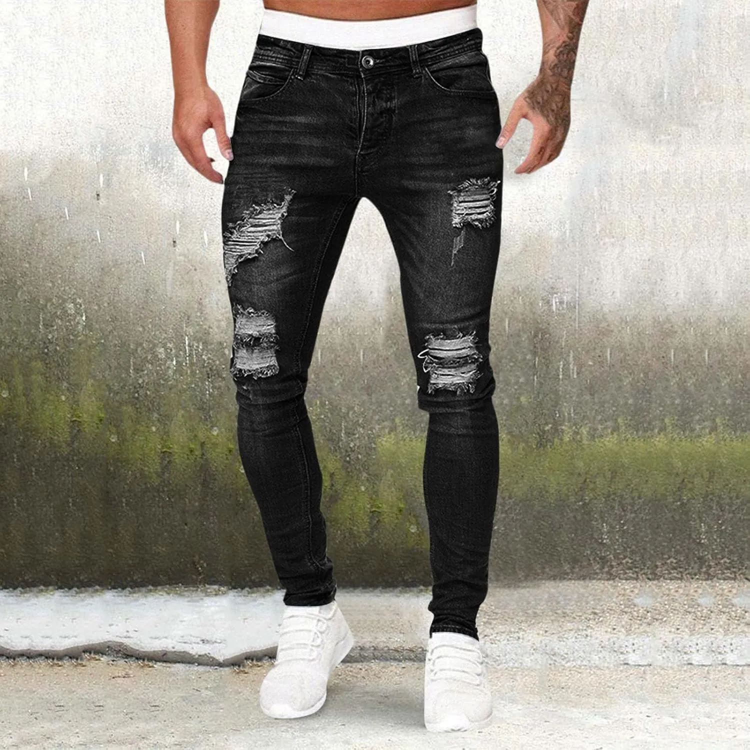 Men's Ripped Jeans Slim Fit Skinny Stretch Jeans Pants Button Zip Off Comfy Denim Pants Slim Fit Tapered Leg Trouser