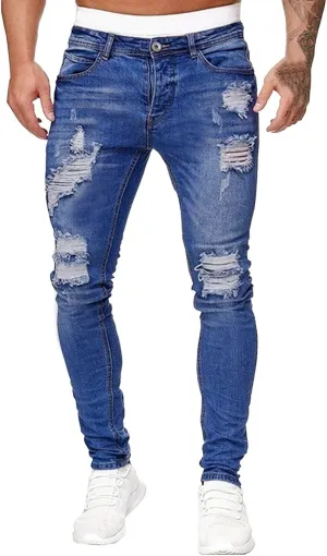Men's Ripped Jeans Slim Fit Skinny Stretch Jeans Pants Button Zip Off Comfy Denim Pants Slim Fit Tapered Leg Trouser