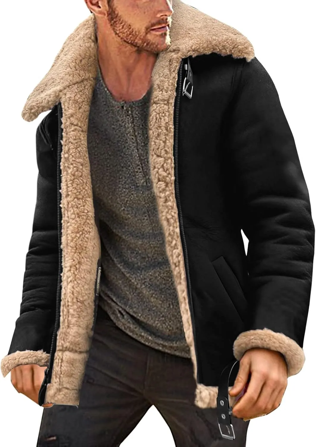 Mens Sherpa Fleece Lined Winter Coat Warm Suede Leather Outdoor Casual Faux Shearling Sheepskin Fur Collar Jackets,E1-Black,Large