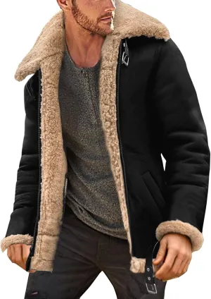 Mens Sherpa Fleece Lined Winter Coat Warm Suede Leather Outdoor Casual Faux Shearling Sheepskin Fur Collar Jackets,E1-Black,Large