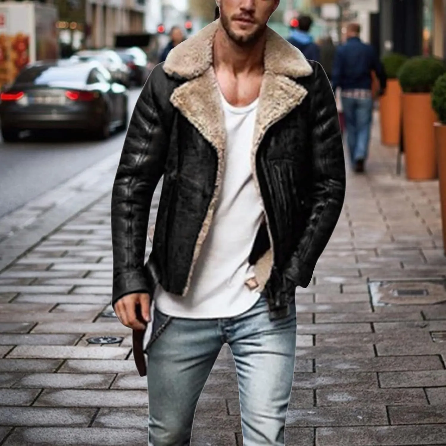 Mens Sherpa Lined Trucker Jackets Bomber Jackets Faux Leather Sherpa Bomber Jackets Vintage Motorcycle Retro Leather Jacket