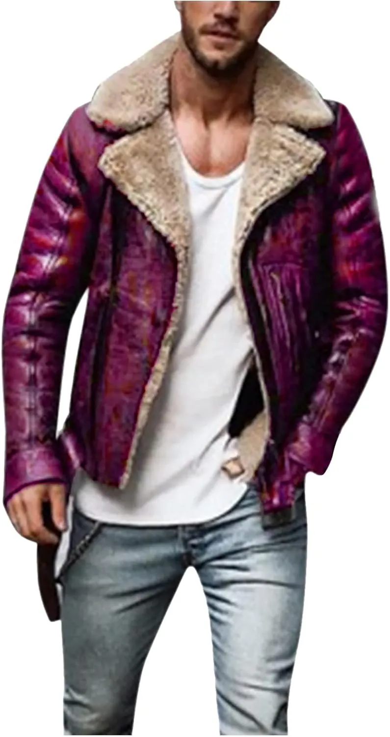 Mens Sherpa Lined Trucker Jackets Bomber Jackets Faux Leather Sherpa Bomber Jackets Vintage Motorcycle Retro Leather Jacket