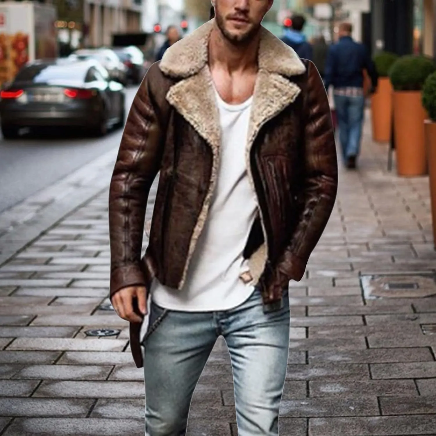 Mens Sherpa Lined Trucker Jackets Bomber Jackets Faux Leather Sherpa Bomber Jackets Vintage Motorcycle Retro Leather Jacket