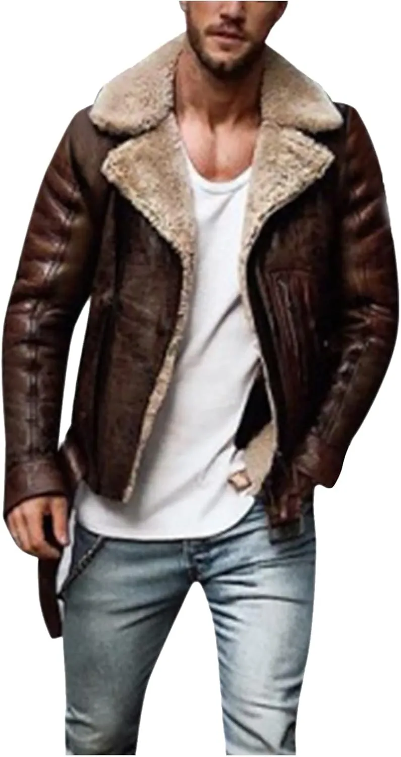 Mens Sherpa Lined Trucker Jackets Bomber Jackets Faux Leather Sherpa Bomber Jackets Vintage Motorcycle Retro Leather Jacket
