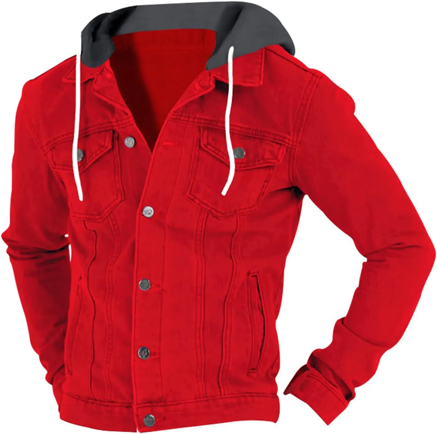 Mens Slim Fit Hoodie Denim Jacket Solid Color Hood Military Hooded Jacket Button Down Denim Trucker Jacket Coat