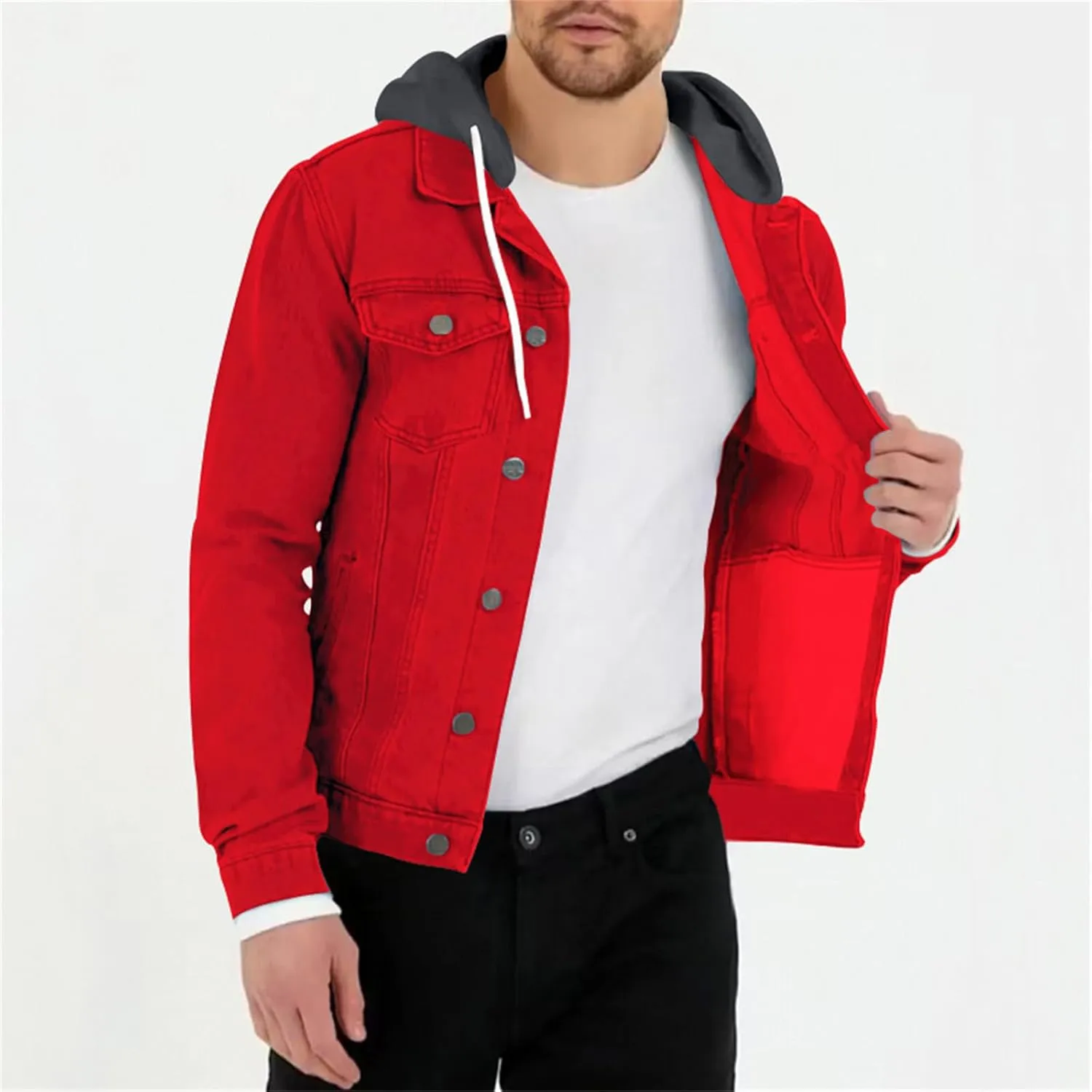 Mens Slim Fit Hoodie Denim Jacket Solid Color Hood Military Hooded Jacket Button Down Denim Trucker Jacket Coat