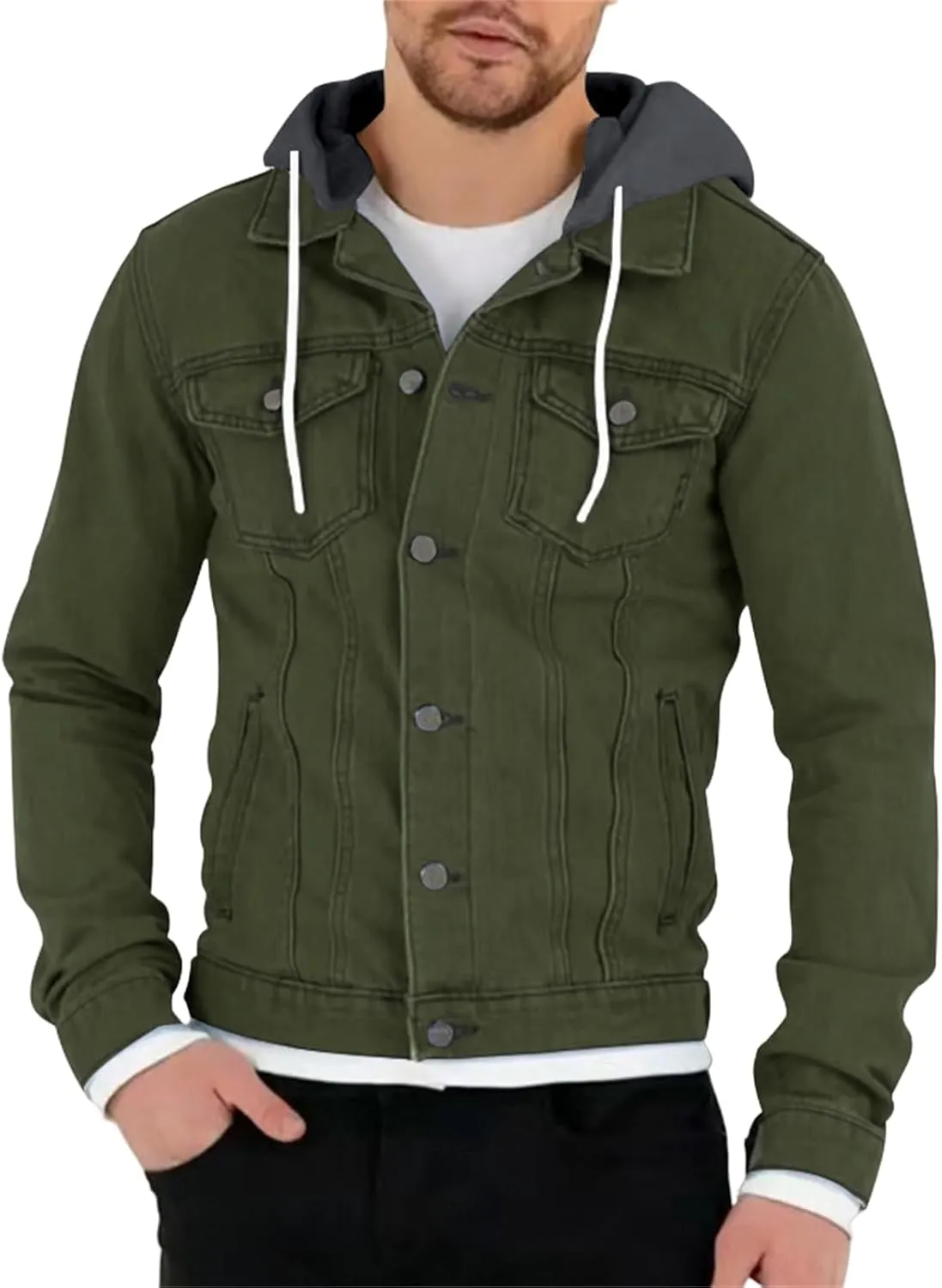 Mens Slim Fit Hoodie Denim Jacket Solid Color Hood Military Hooded Jacket Button Down Denim Trucker Jacket Coat