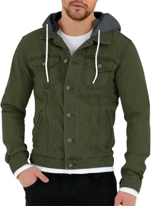 Mens Slim Fit Hoodie Denim Jacket Solid Color Hood Military Hooded Jacket Button Down Denim Trucker Jacket Coat