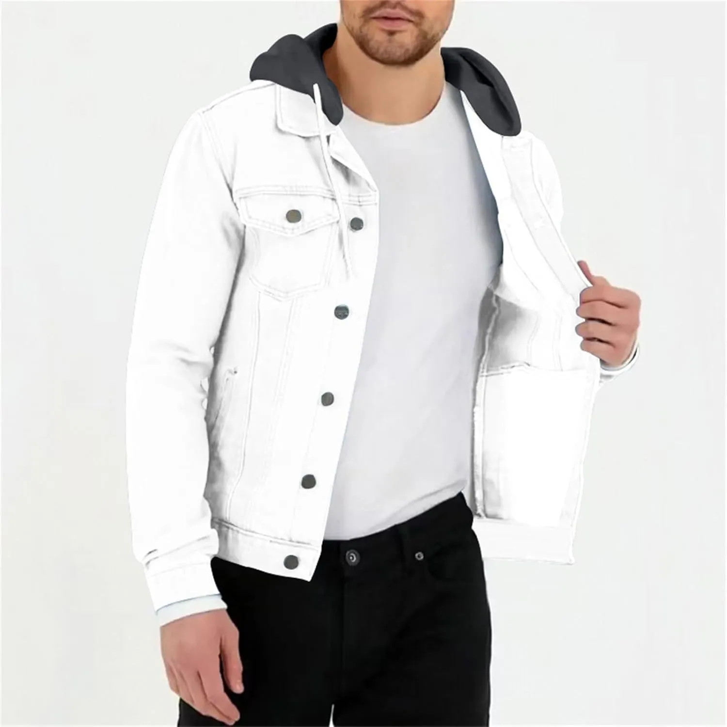 Mens Slim Fit Hoodie Denim Jacket Solid Color Hood Military Hooded Jacket Button Down Denim Trucker Jacket Coat