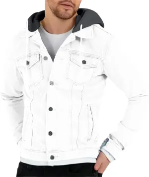 Mens Slim Fit Hoodie Denim Jacket Solid Color Hood Military Hooded Jacket Button Down Denim Trucker Jacket Coat