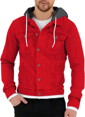 Mens Slim Fit Hoodie Denim Jacket Solid Color Hood Military Hooded Jacket Button Down Denim Trucker Jacket Coat