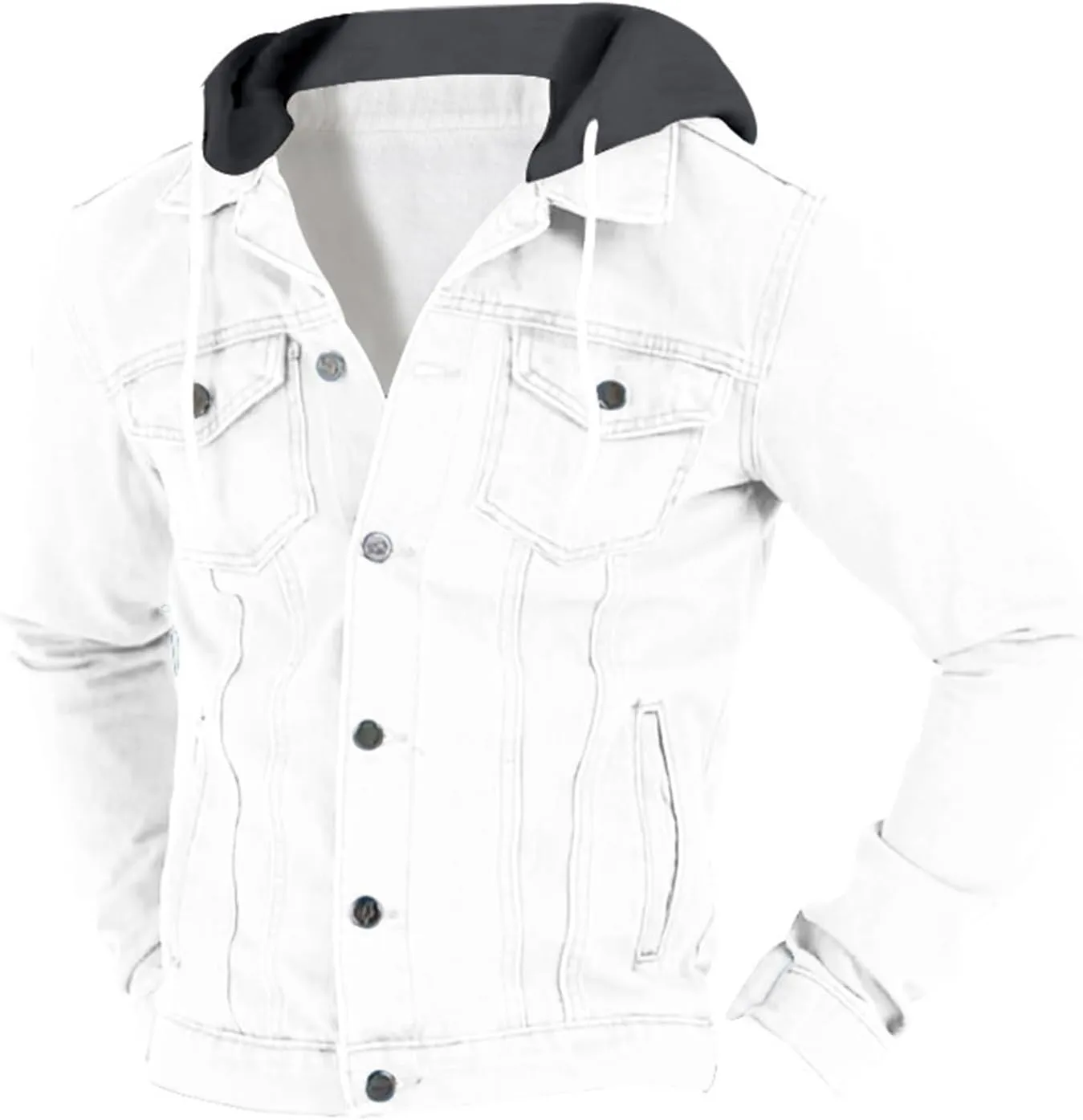 Mens Slim Fit Hoodie Denim Jacket Solid Color Hood Military Hooded Jacket Button Down Denim Trucker Jacket Coat
