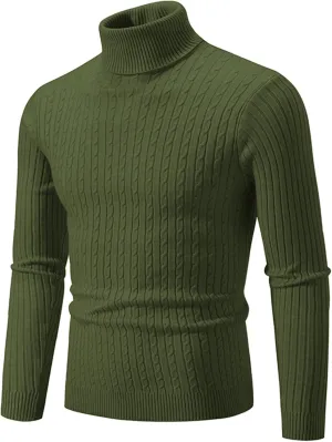 Mens Turtleneck Sweater Slim Fit Cable Knitted Casual Pullover Lightweight Ribbed Long Sleeve Sweaters