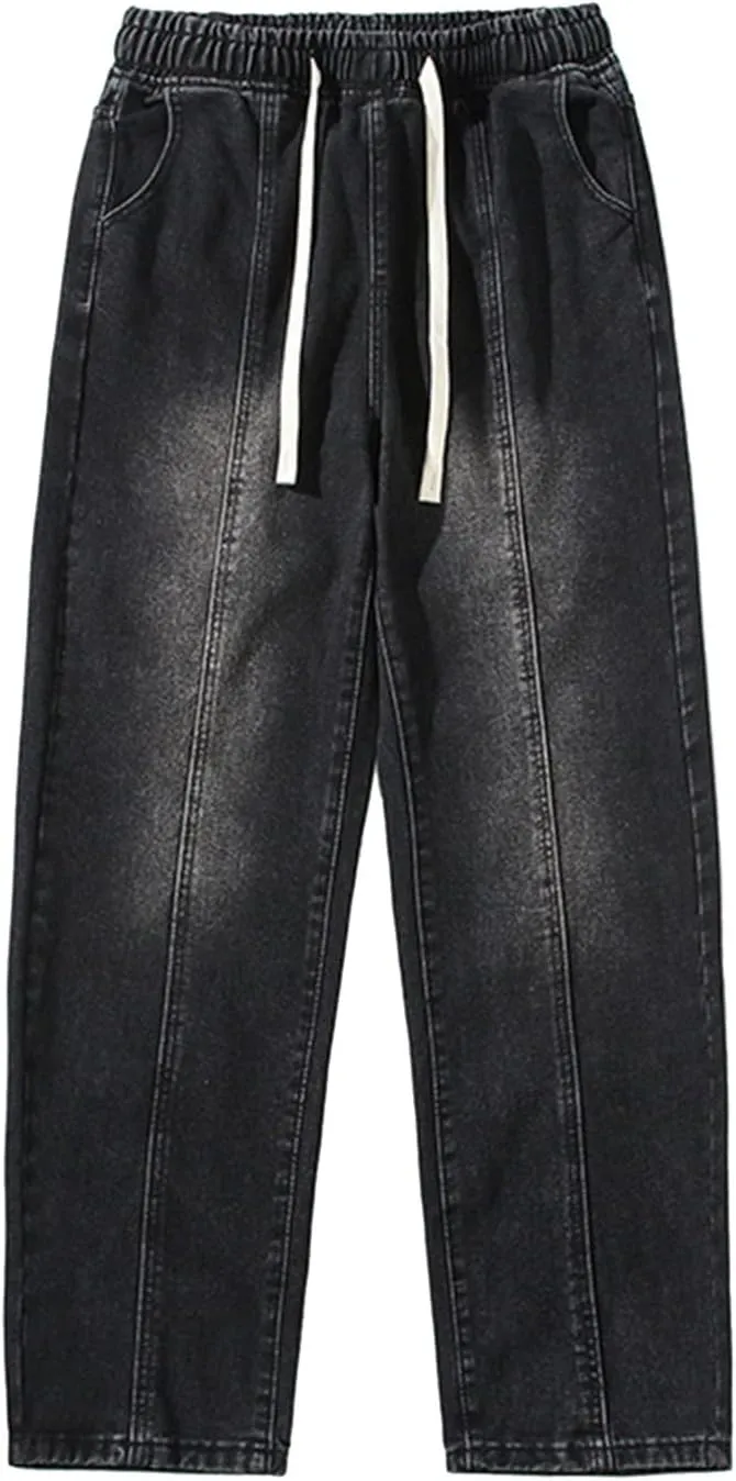 Mens Vintage Straight Denim Jeans Drawstrings Loose Fit Washed Cotton Denim Pants Casual Lightweight Outdoor Trousers
