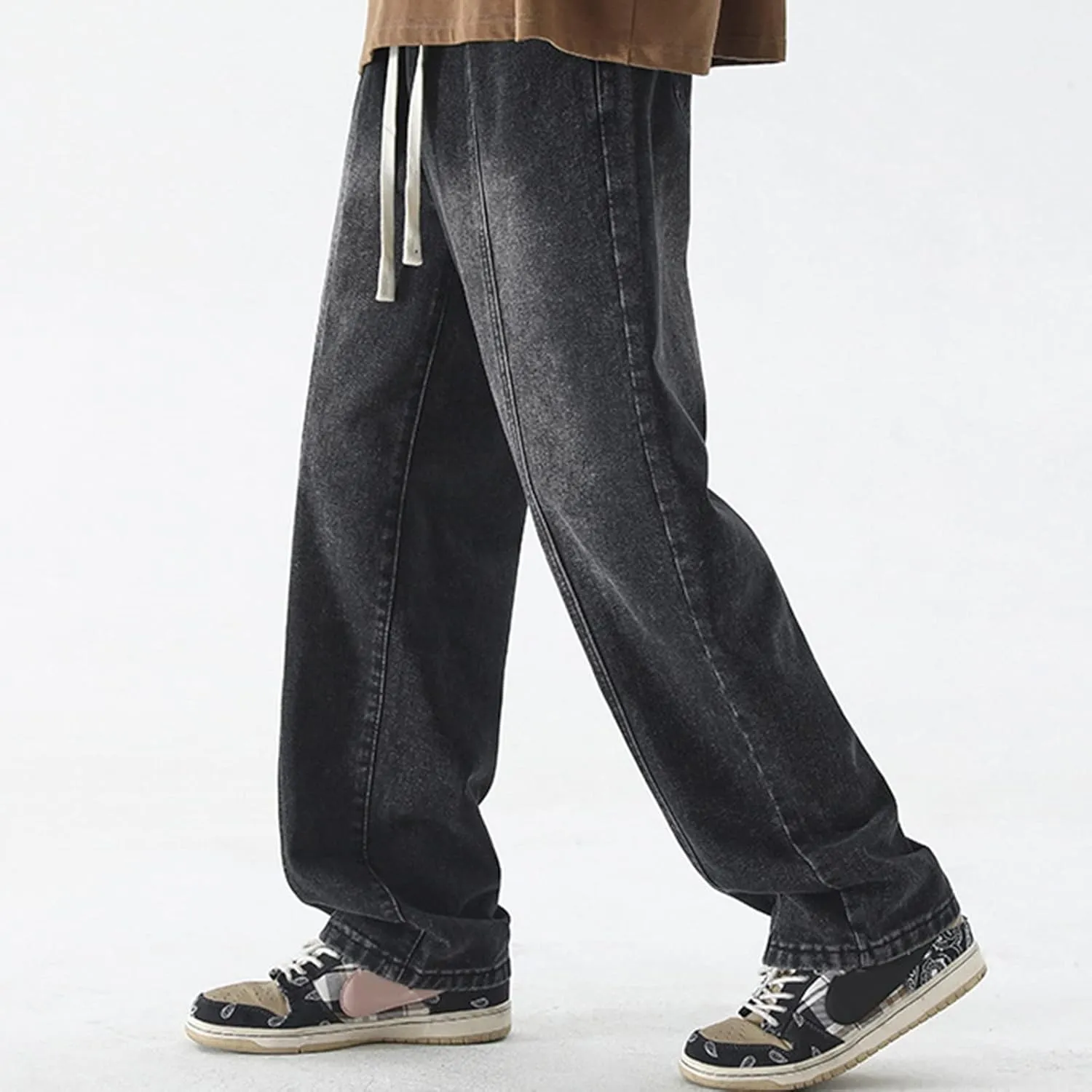 Mens Vintage Straight Denim Jeans Drawstrings Loose Fit Washed Cotton Denim Pants Casual Lightweight Outdoor Trousers