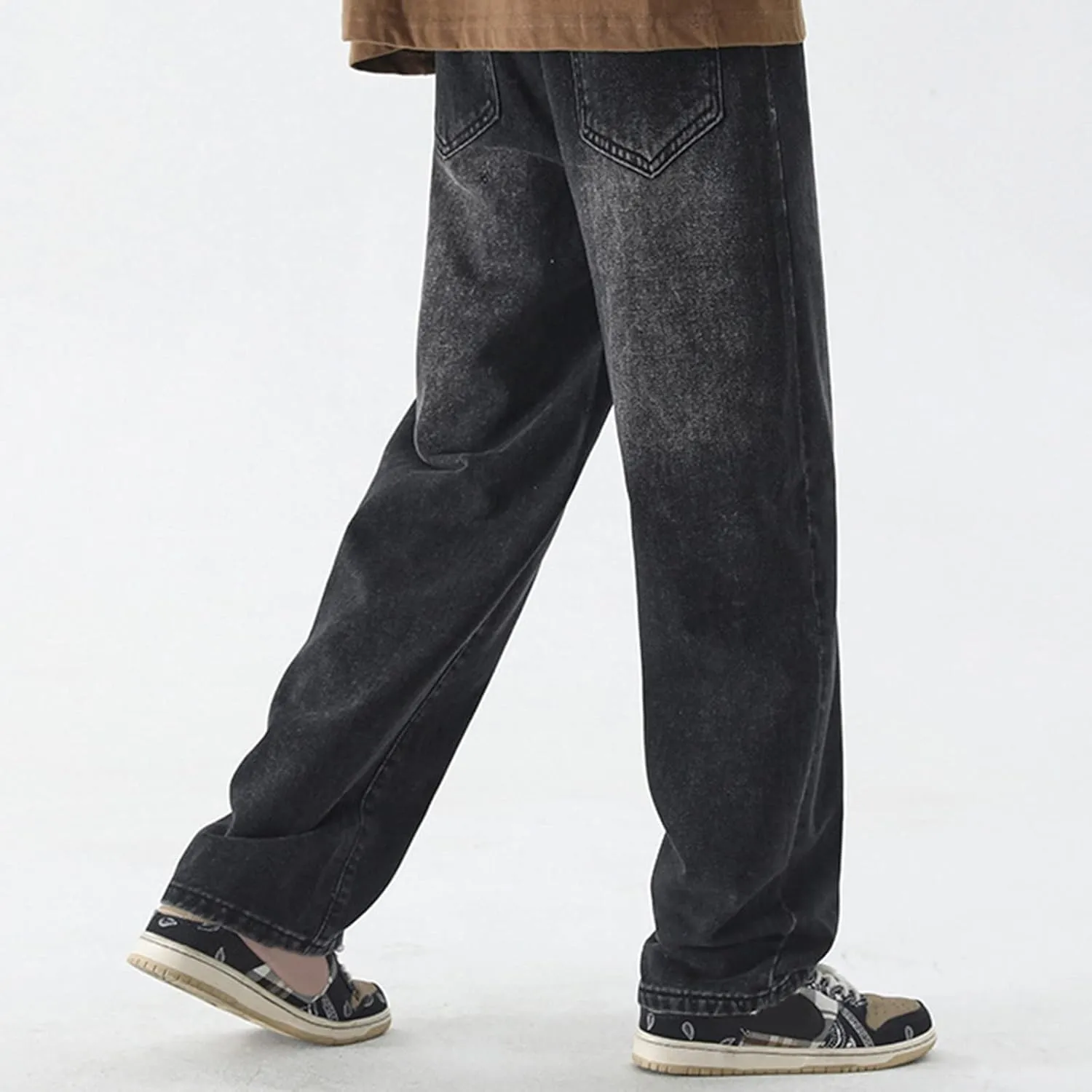 Mens Vintage Straight Denim Jeans Drawstrings Loose Fit Washed Cotton Denim Pants Casual Lightweight Outdoor Trousers