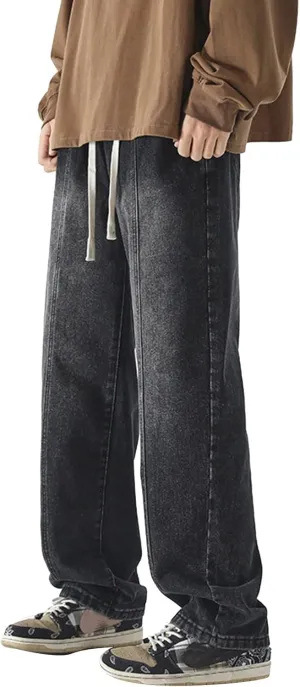 Mens Vintage Straight Denim Jeans Drawstrings Loose Fit Washed Cotton Denim Pants Casual Lightweight Outdoor Trousers