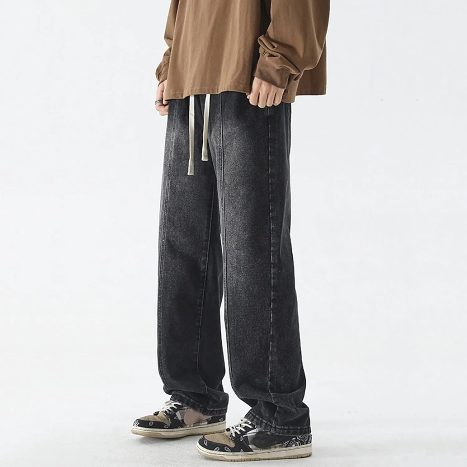 Mens Vintage Straight Denim Jeans Drawstrings Loose Fit Washed Cotton Denim Pants Casual Lightweight Outdoor Trousers