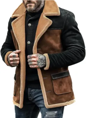Mens Vintage Suede Jackets Winter Sherpa Lined Button Down Motorcycle Jacket Plush Reversed Collar Outdoor Jackets