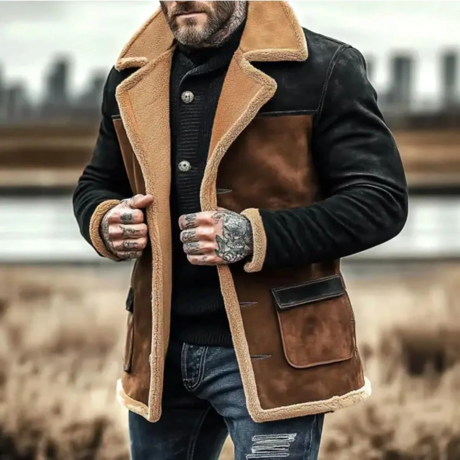 Mens Vintage Suede Jackets Winter Sherpa Lined Button Down Motorcycle Jacket Plush Reversed Collar Outdoor Jackets
