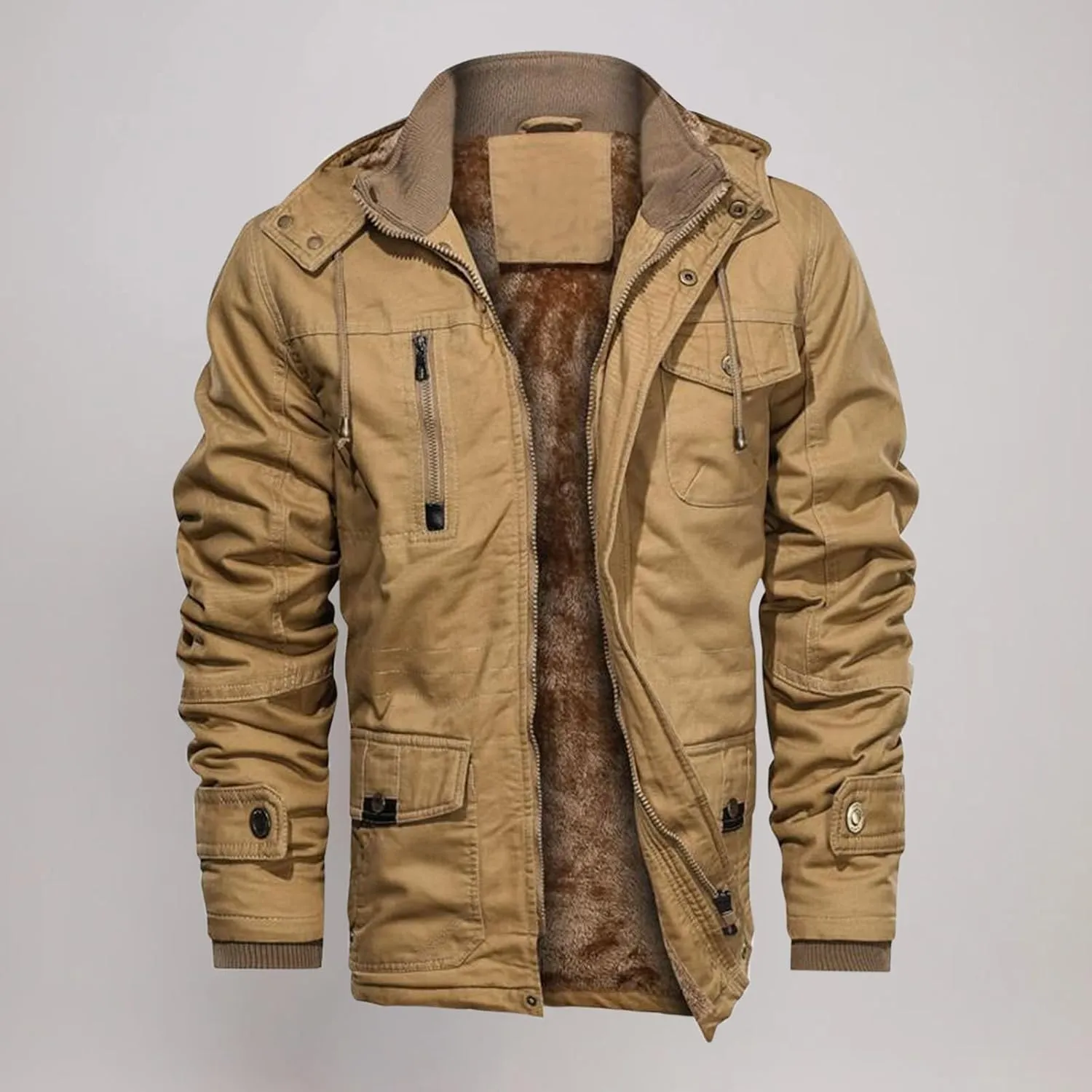 Men's Winter Coats Fleece Lined Military Jacket Heavyweight Utility Jacket Hooded Cargo Jacket Warm Hiking Jacket