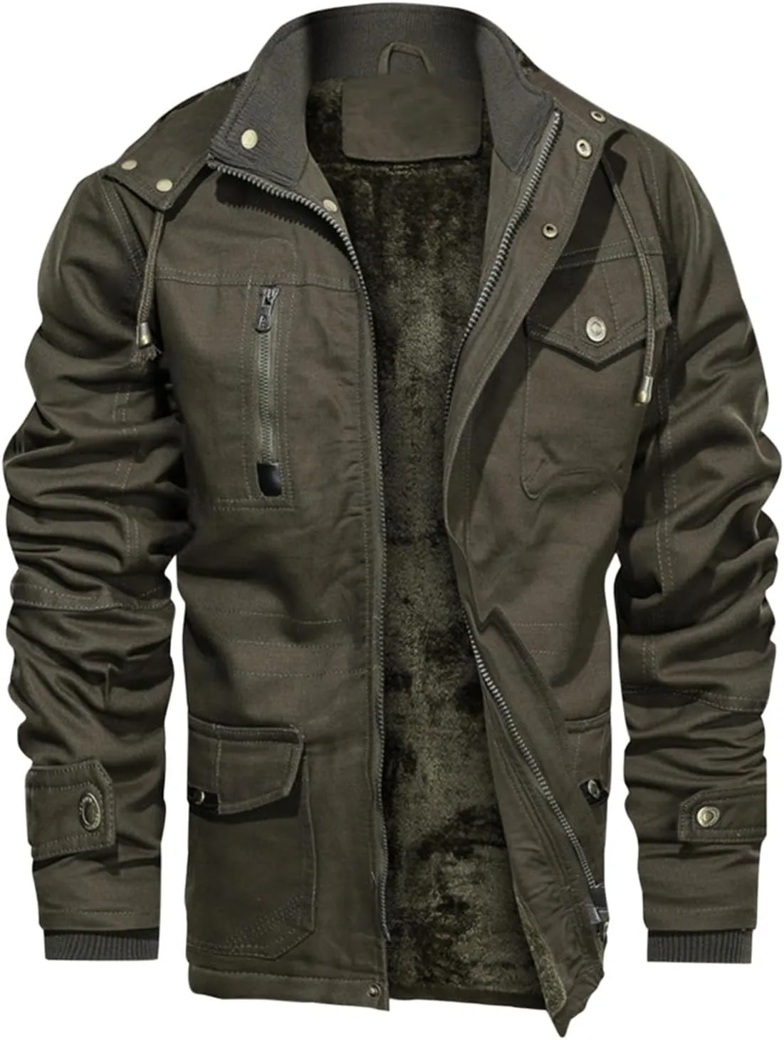 Men's Winter Coats Fleece Lined Military Jacket Heavyweight Utility Jacket Hooded Cargo Jacket Warm Hiking Jacket