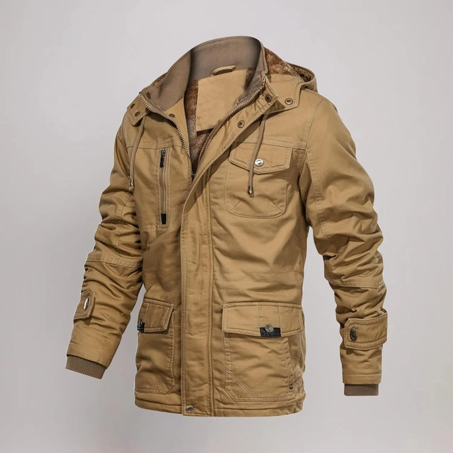 Men's Winter Coats Fleece Lined Military Jacket Heavyweight Utility Jacket Hooded Cargo Jacket Warm Hiking Jacket
