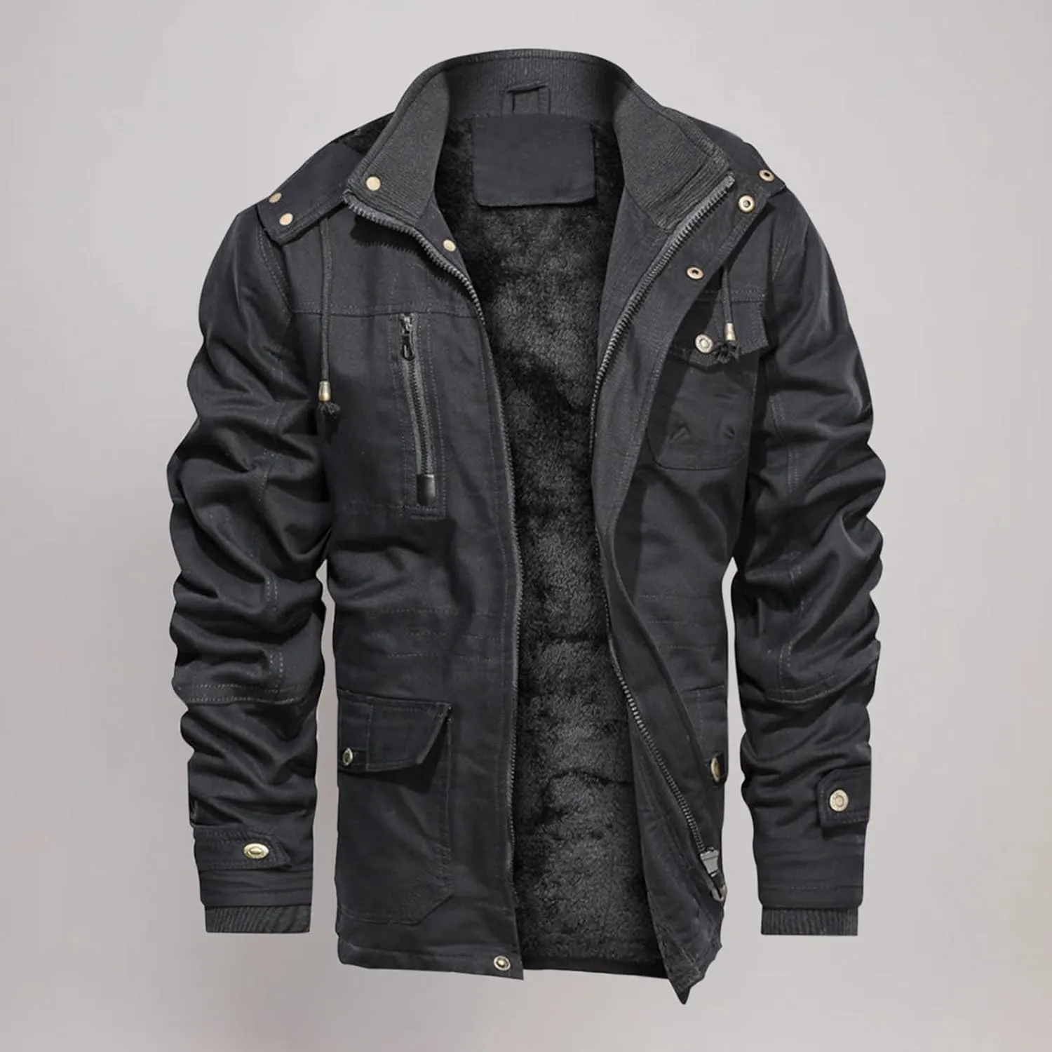 Men's Winter Coats Fleece Lined Military Jacket Heavyweight Utility Jacket Hooded Cargo Jacket Warm Hiking Jacket