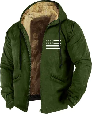 Men's Winter Sherpa Lined Hoodie Jacket Flag Print Zip Up Sweatshirt Heavyweight Warm Fleece Coat with Pockets M-7XL