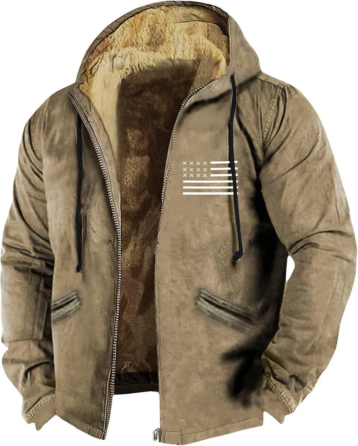 Men's Winter Sherpa Lined Hoodie Jacket Flag Print Zip Up Sweatshirt Heavyweight Warm Fleece Coat with Pockets M-7XL