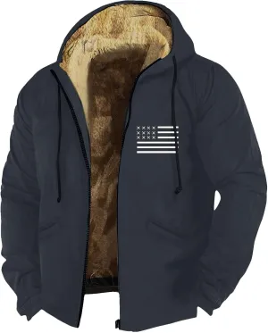 Men's Winter Sherpa Lined Hoodie Jacket Flag Print Zip Up Sweatshirt Heavyweight Warm Fleece Coat with Pockets M-7XL