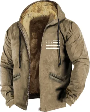 Men's Winter Sherpa Lined Hoodie Jacket Flag Print Zip Up Sweatshirt Heavyweight Warm Fleece Coat with Pockets M-7XL
