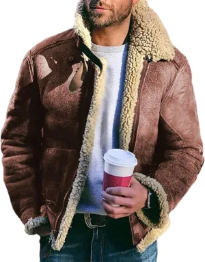 Mens Winter Warm Suede Fleece Sherpa Lined Bomber Coat Casual Lapel Full Zip Outerwear with Pockets