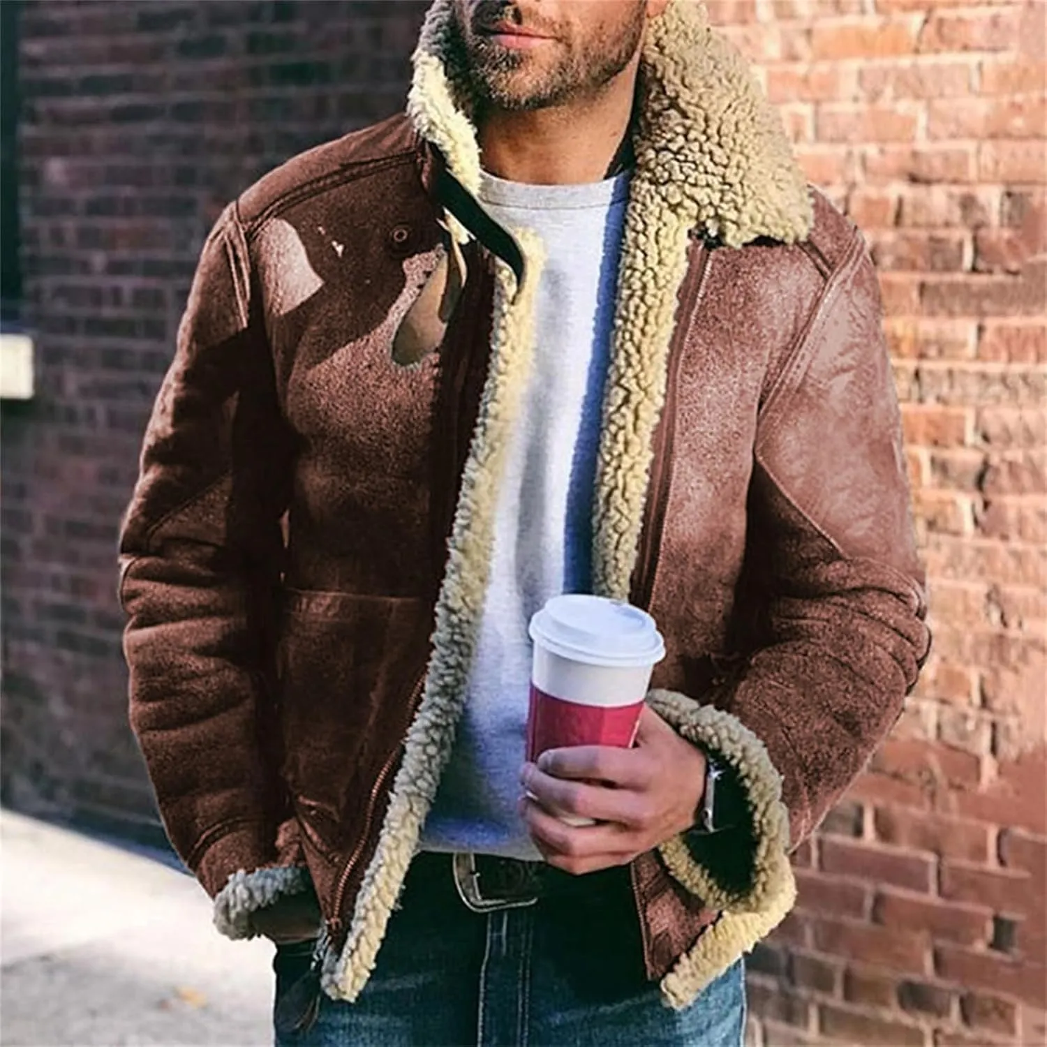 Mens Winter Warm Suede Fleece Sherpa Lined Bomber Coat Casual Lapel Full Zip Outerwear with Pockets
