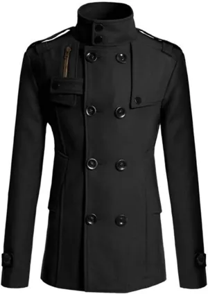 Men's Wool Blend Double Breasted Pea Coat Classic Notched Collar Warm Woolen Trench Coats Slim Fit Winter Outerwear