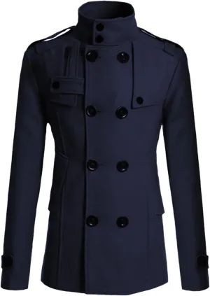 Men's Wool Blend Double Breasted Pea Coat Classic Notched Collar Warm Woolen Trench Coats Slim Fit Winter Outerwear