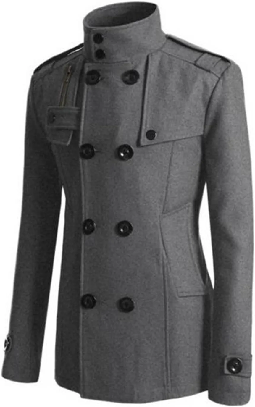 Men's Wool Blend Double Breasted Pea Coat Classic Notched Collar Warm Woolen Trench Coats Slim Fit Winter Outerwear