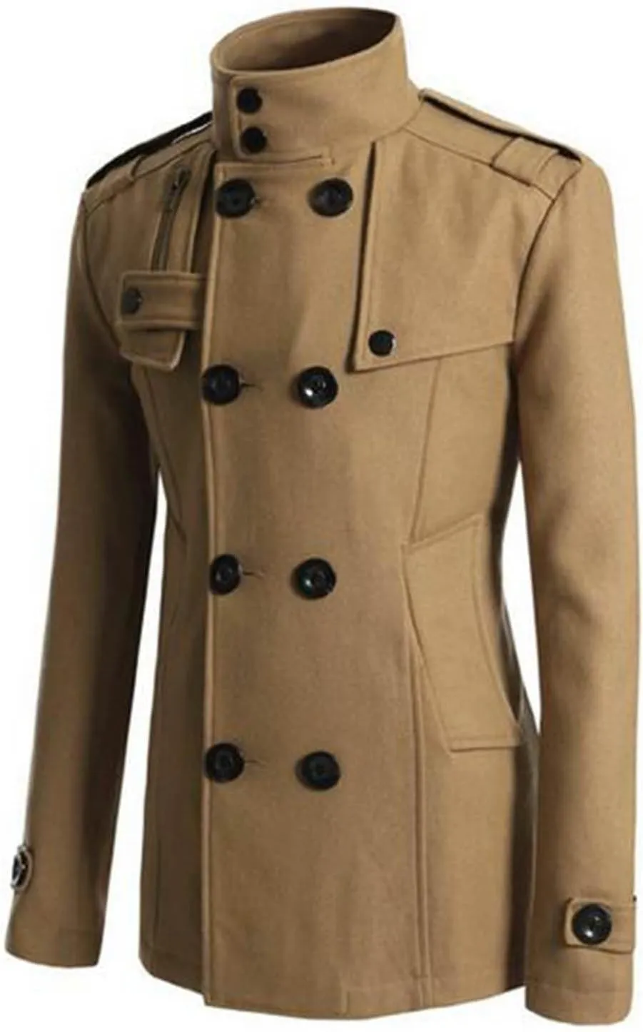 Men's Wool Blend Double Breasted Pea Coat Classic Notched Collar Warm Woolen Trench Coats Slim Fit Winter Outerwear