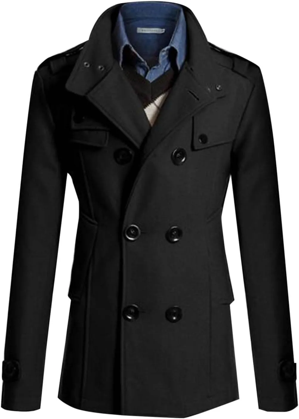Men's Wool Blend Double Breasted Pea Coat Classic Notched Collar Warm Woolen Trench Coats Slim Fit Winter Outerwear