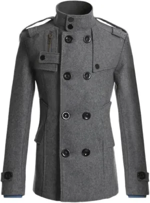 Men's Wool Blend Double Breasted Pea Coat Classic Notched Collar Warm Woolen Trench Coats Slim Fit Winter Outerwear