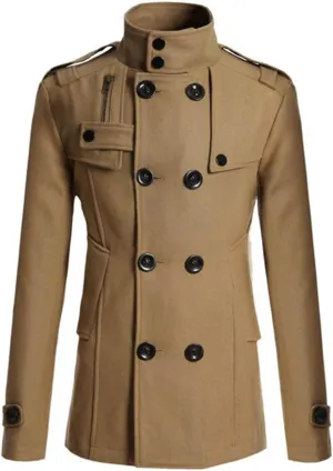 Men's Wool Blend Double Breasted Pea Coat Classic Notched Collar Warm Woolen Trench Coats Slim Fit Winter Outerwear