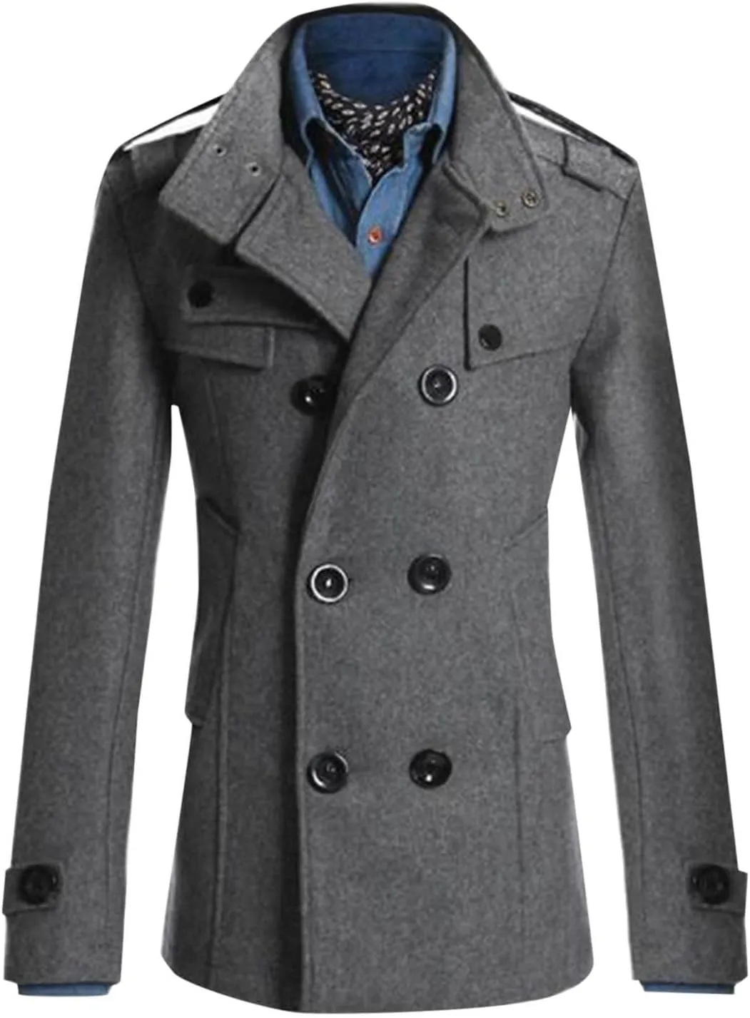 Men's Wool Blend Double Breasted Pea Coat Classic Notched Collar Warm Woolen Trench Coats Slim Fit Winter Outerwear