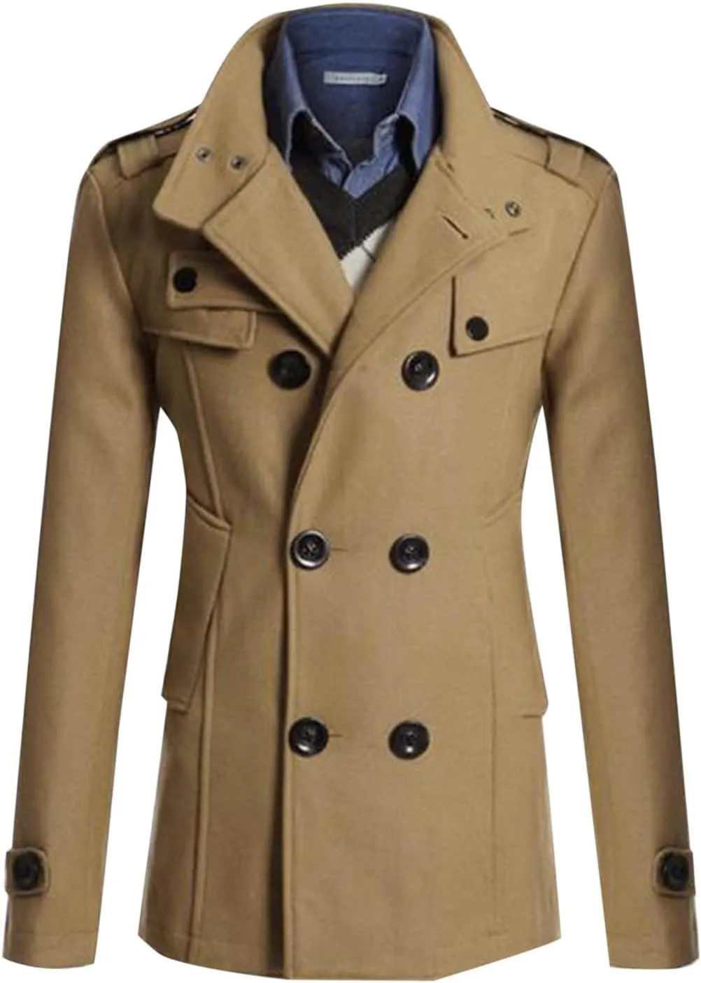 Men's Wool Blend Double Breasted Pea Coat Classic Notched Collar Warm Woolen Trench Coats Slim Fit Winter Outerwear