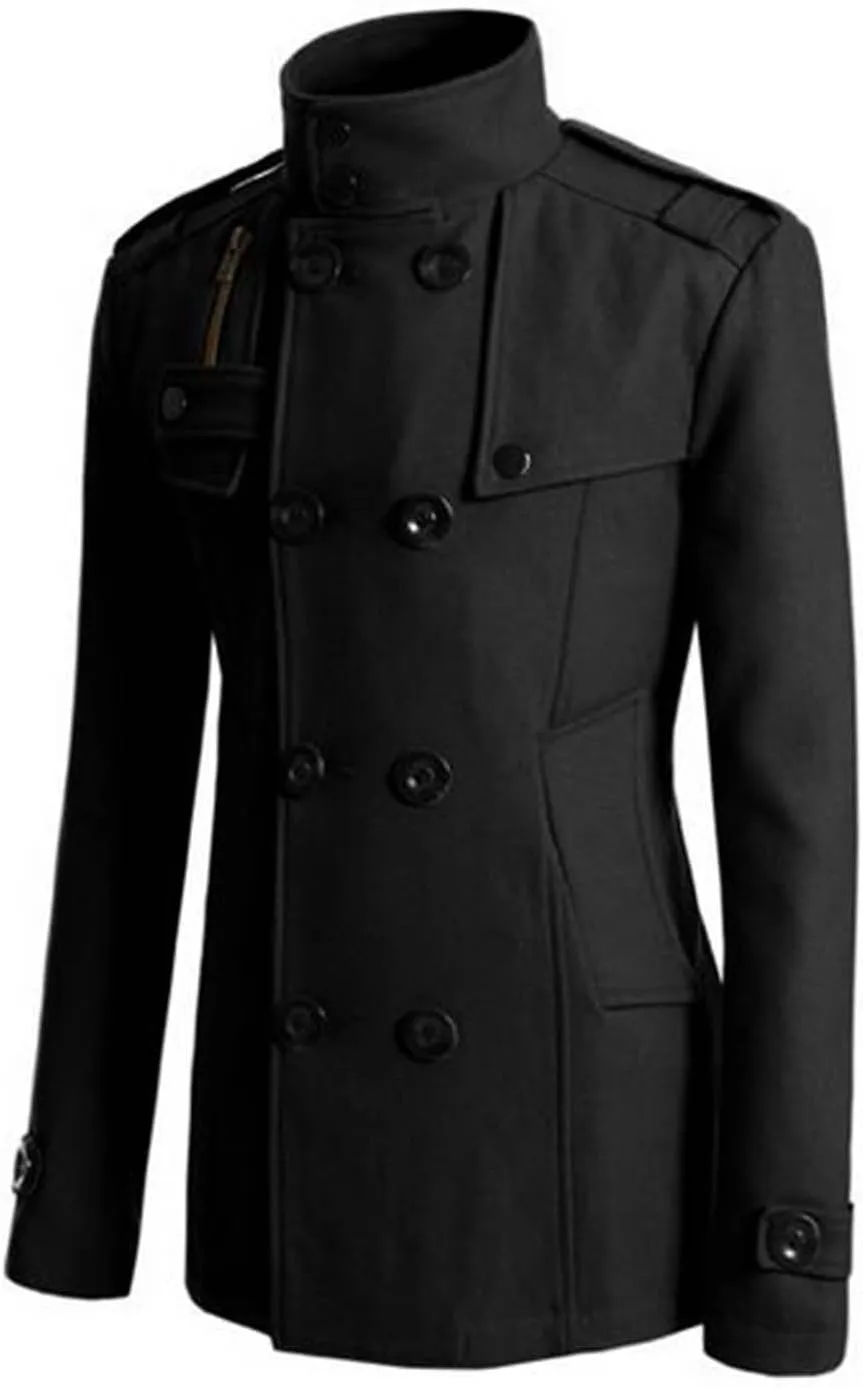 Men's Wool Blend Double Breasted Pea Coat Classic Notched Collar Warm Woolen Trench Coats Slim Fit Winter Outerwear