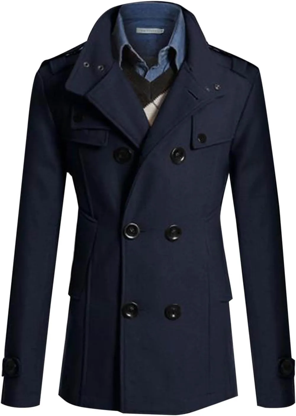 Men's Wool Blend Double Breasted Pea Coat Classic Notched Collar Warm Woolen Trench Coats Slim Fit Winter Outerwear