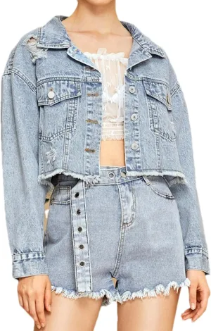 Mingzhu Denim Jackets for Women Cropped Frayed Ripped Denim Jackets Casual Button Down Washed Jean Jacket