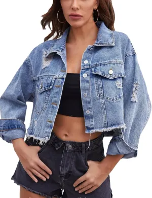 Mingzhu Denim Jackets for Women Cropped Frayed Ripped Denim Jackets Casual Button Down Washed Jean Jacket